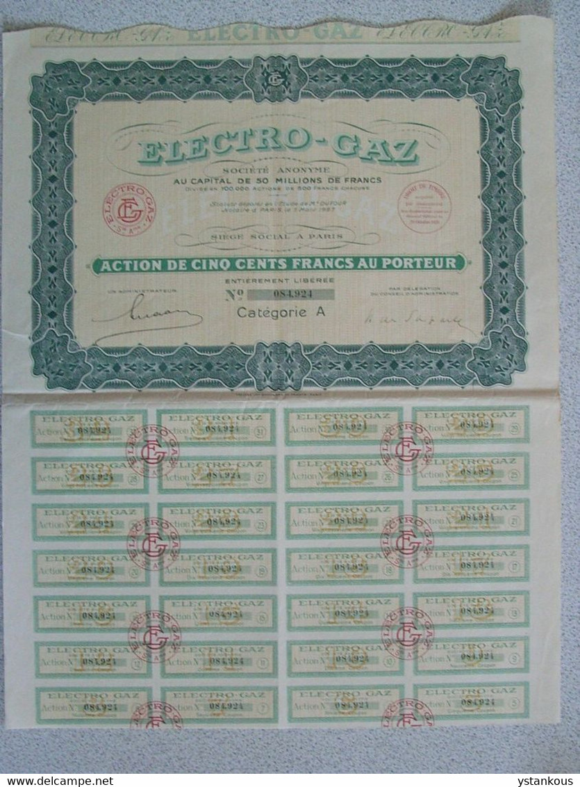 Action Française De 500 Francs Au Porteur De La Société ELECTRO-GAZ De 1920. - Electricité & Gaz