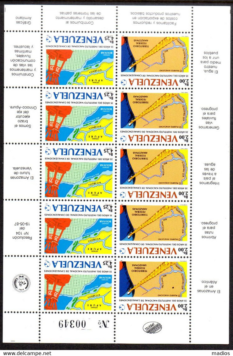 00039 VENEZUELA 1987 35th Anniv.Inst.Canalization(5 Pairs ) Mini-Sheet MNH Scott 189-91ab $1.25/pair $6.25 - Venezuela