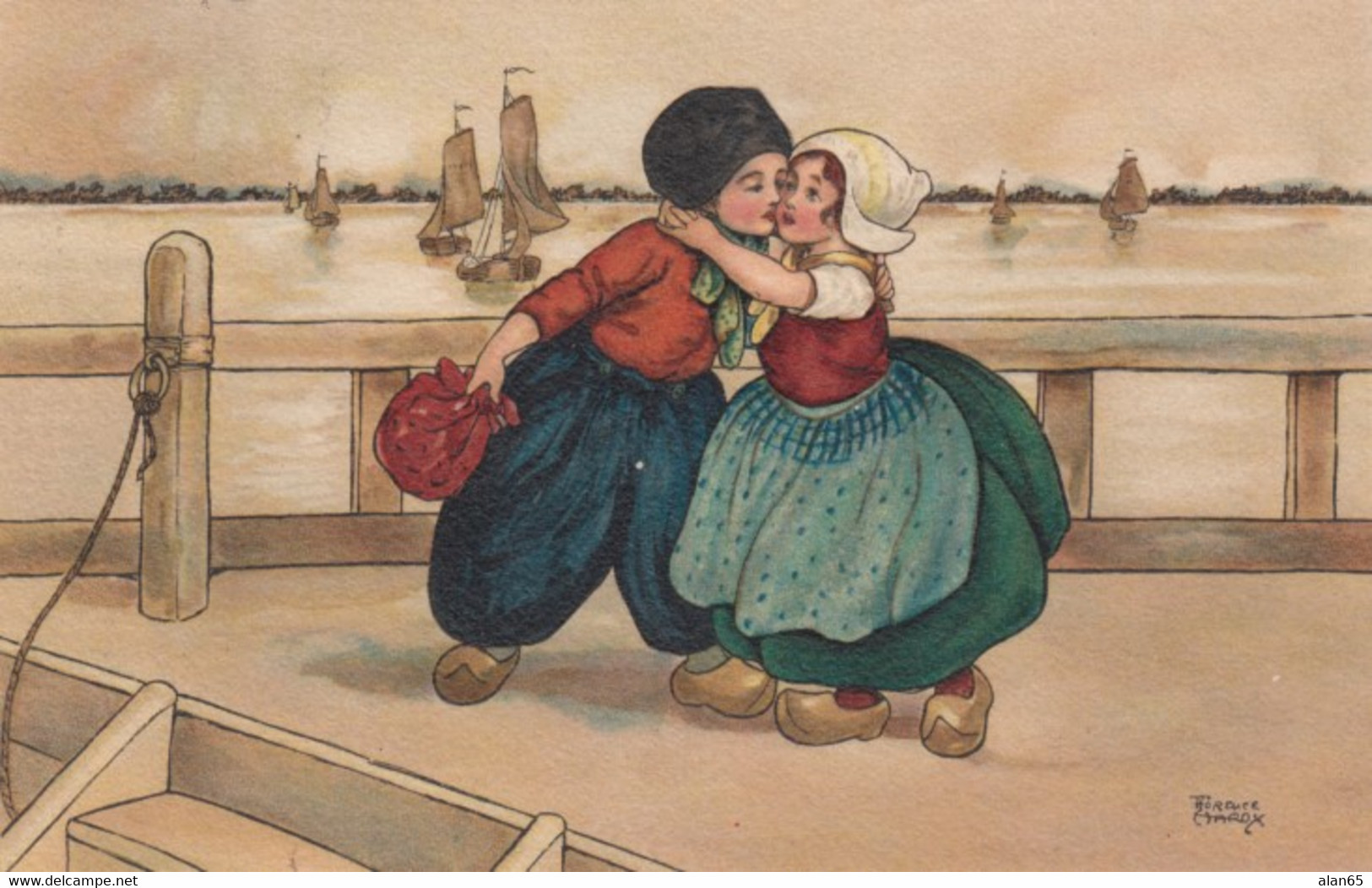Florence Hardy Artist Image Dutch Children, Boy And Girl Kiss, C1910s Vintage Postcard - Hardy, Florence