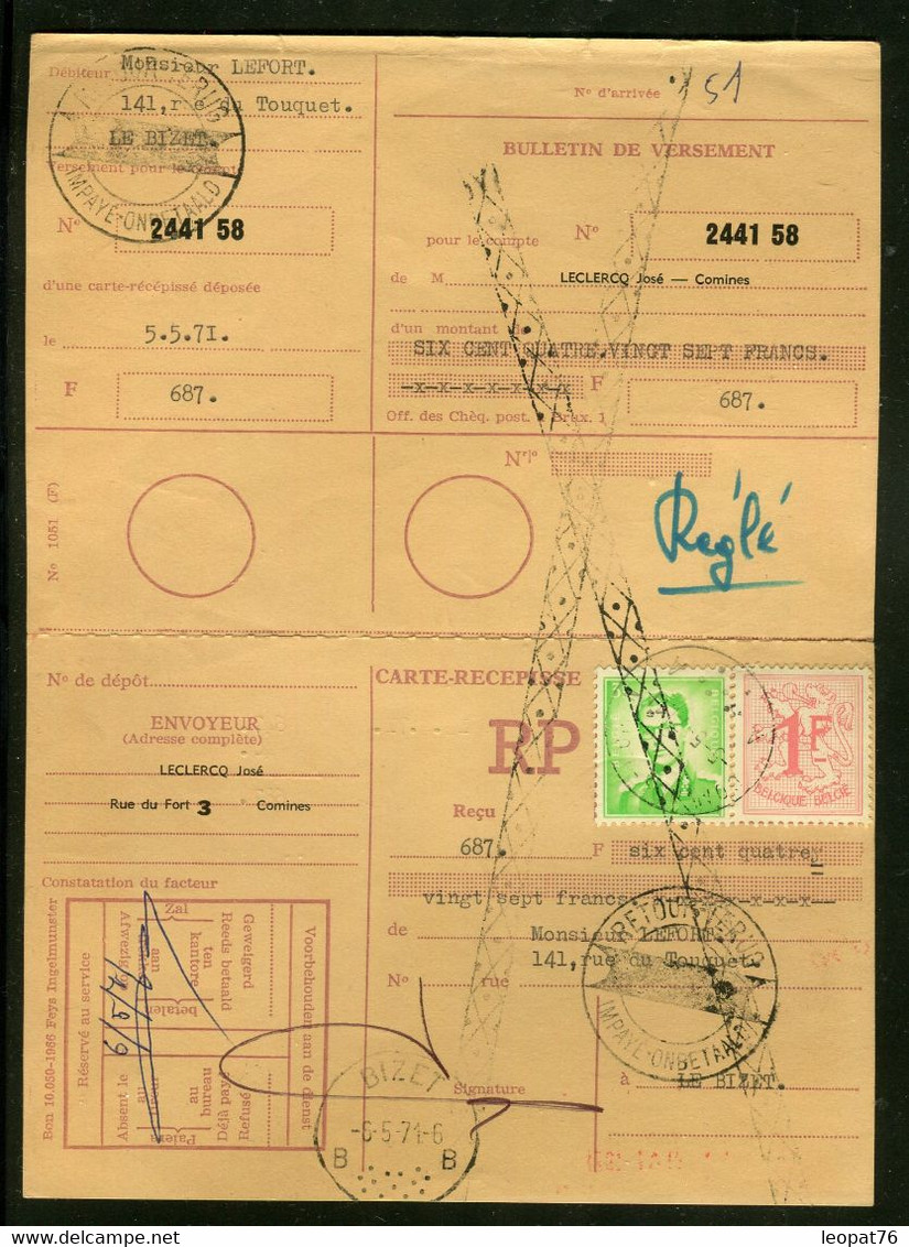 Belgique - Bulletin De Versement Avec Carte Récépissé De Comines En 1971 - M 129 - Cartas & Documentos