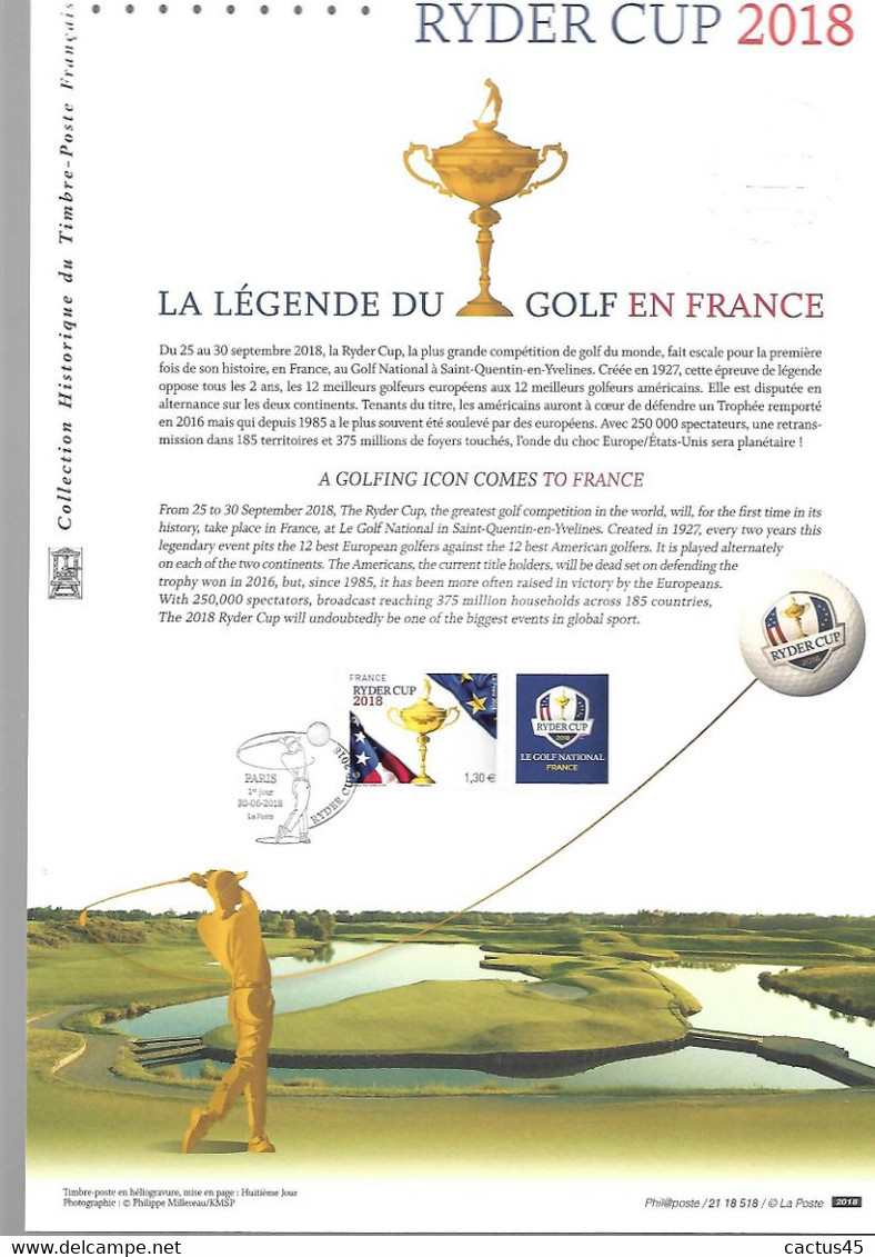 FRANCE Document Timbre   5245 RYDER CUP 2018 - Documenti Della Posta