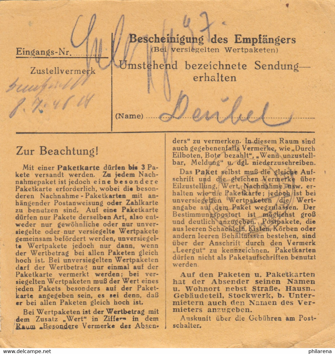 BiZone Paketkarte 1948: Hofkirchen Nach Haar - Other & Unclassified