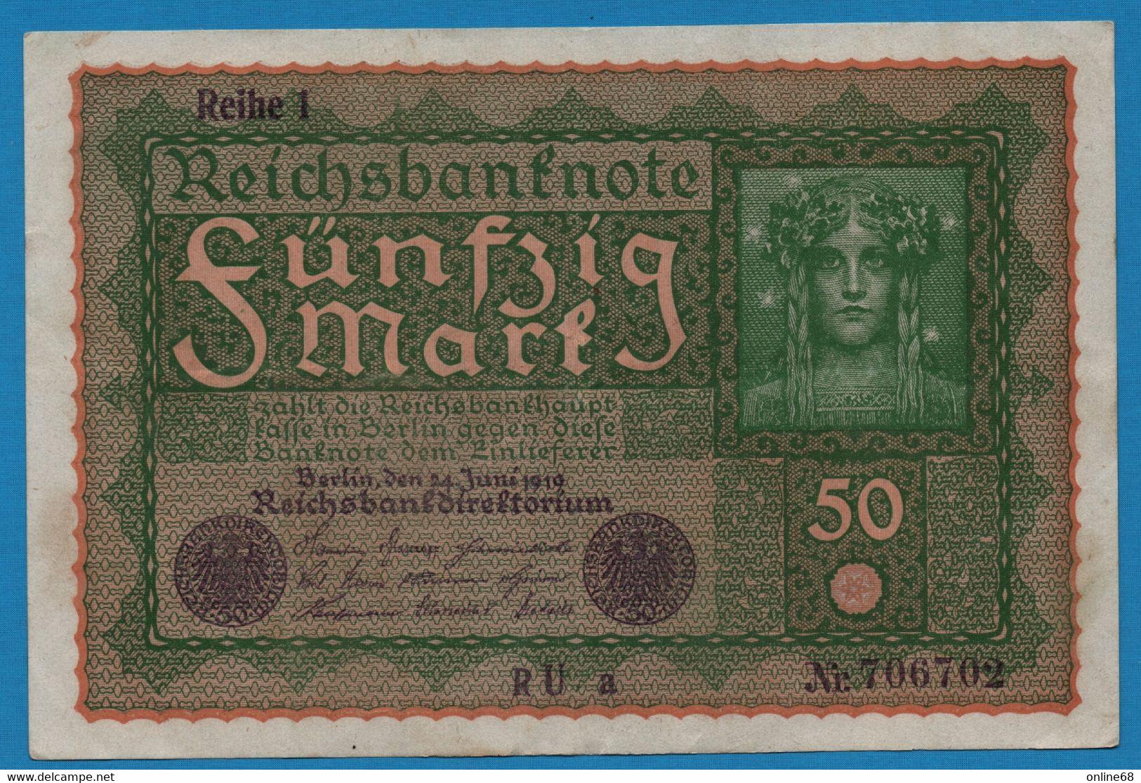 DEUTSCHES REICH 50 Mark  24.06.1919 Série RU A # 706702  P# 66 Reihe 1 - 50 Mark