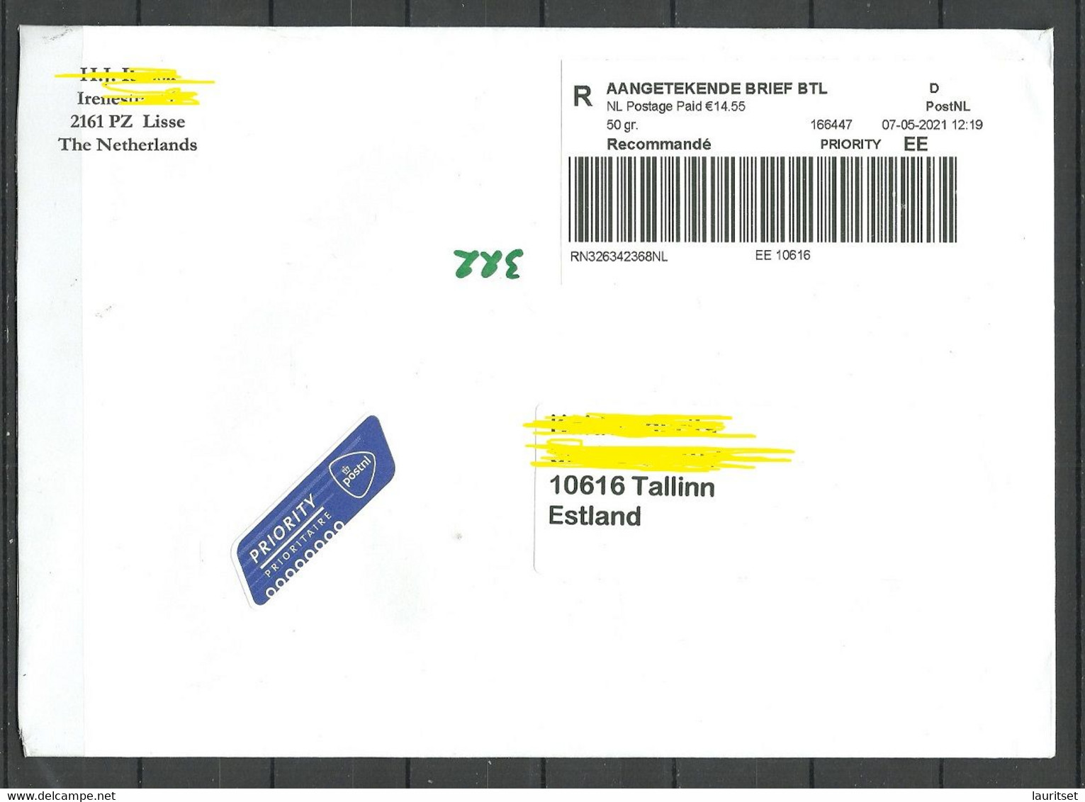 NETHERLANDS Niederlande 2021 Registered Cover To Estonia - Cartas