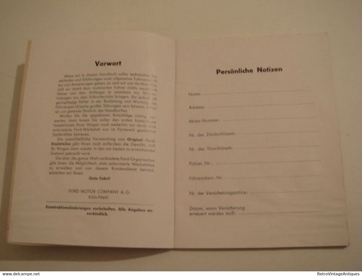 Vintage Auto Handbook Handbuch Fur Den Ford '' Taunus '' Ford Motor Company 1939 Car Manual Specifications Koln-niehl - Technical