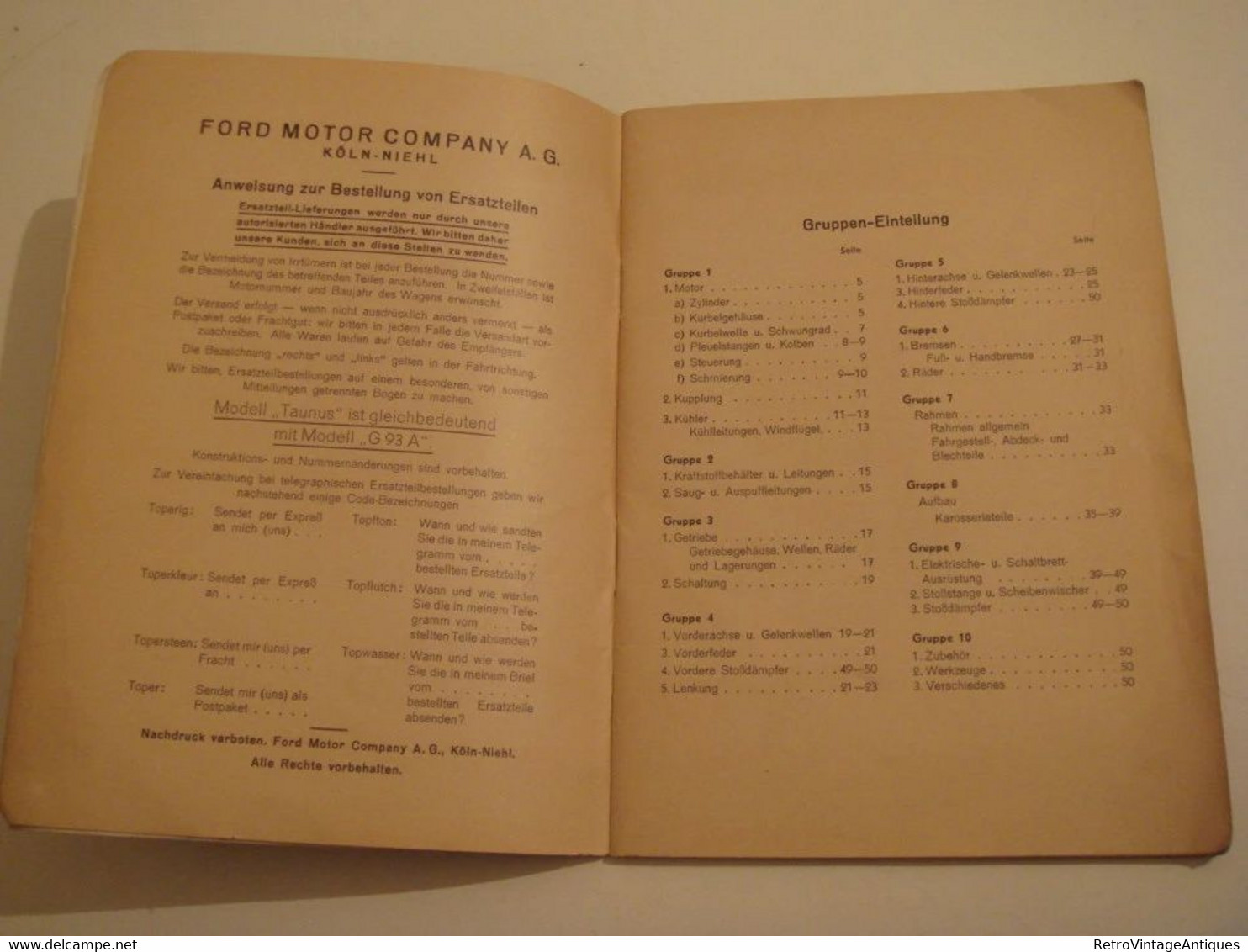 Handbook Ersatzteilliste Fur Den Ford ''Taunus'' 34 PS Ford Motor Company 1939 Car Specs Model Manual Auto - Técnico