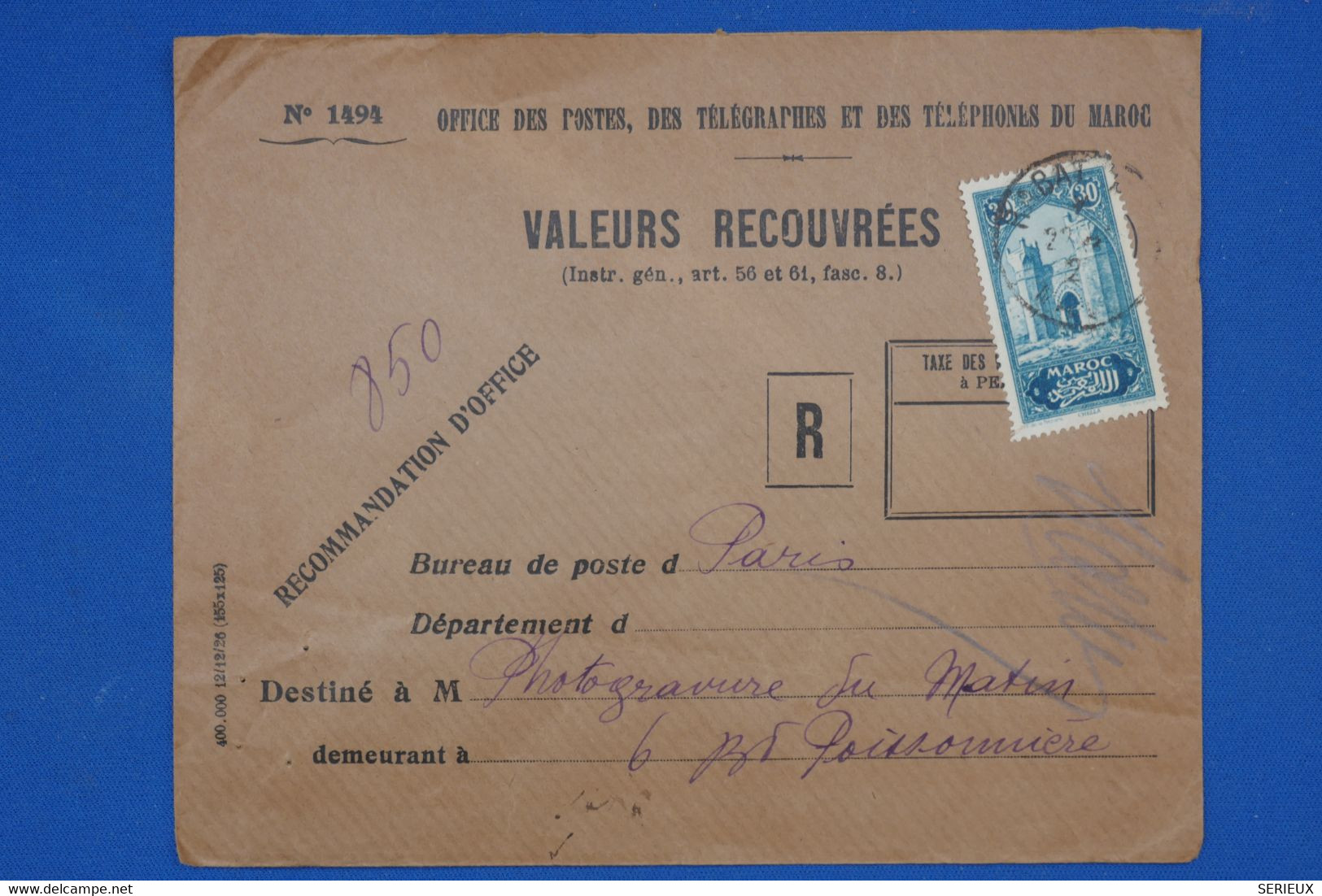 T26 MAROC BELLE CARTE VALEURS RECOUVREES 1927   PARIS FRANCE + AFFRANCHISSEMENT INTERESSANT - Brieven En Documenten