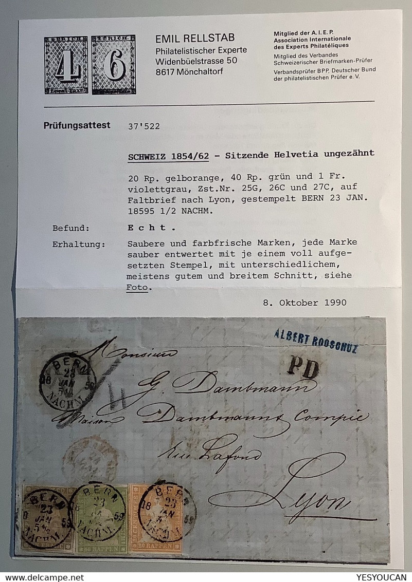 BERN 1859 Strubel Brief RARITÄT 4 Fach Schwer ! >Lyon France. Schweiz 1854-1862 1 Fr, 27C(lettre Suisse Rellstab Cover - Brieven En Documenten
