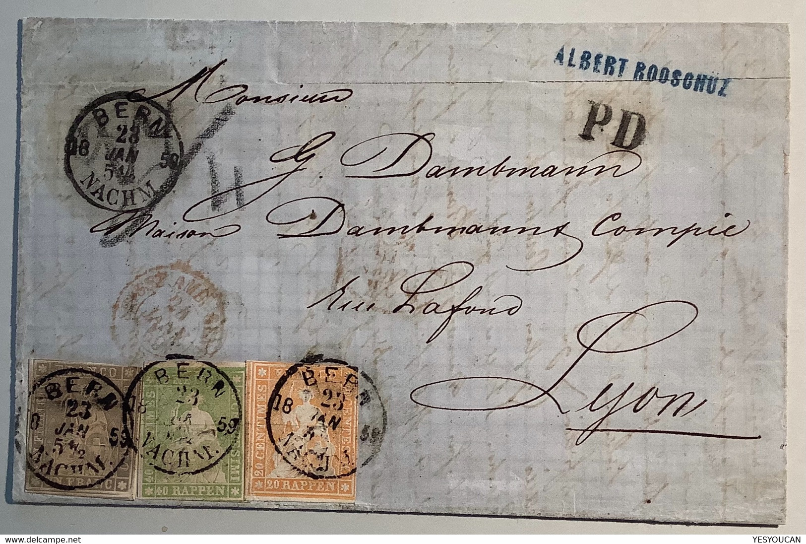 BERN 1859 Strubel Brief RARITÄT 4 Fach Schwer ! >Lyon France. Schweiz 1854-1862 1 Fr, 27C(lettre Suisse Rellstab Cover - Storia Postale