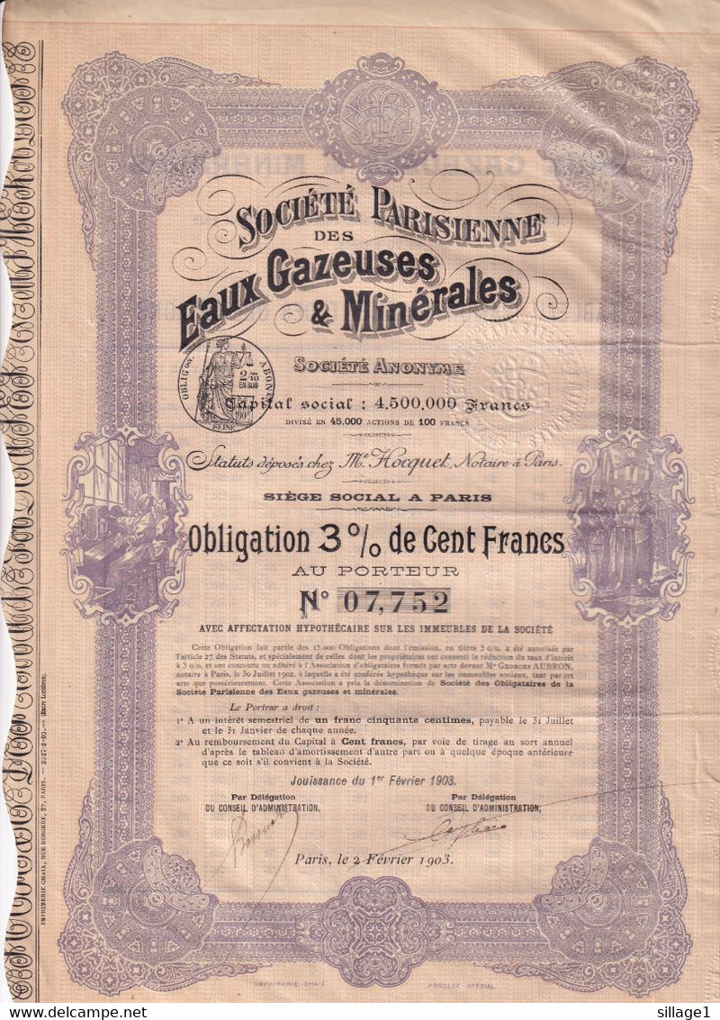 Société Parisienne Des Eaux Gazeuses & Minérales Avec Tableau D'Amortissement - Obligation - Paris - 1903 - Acqua