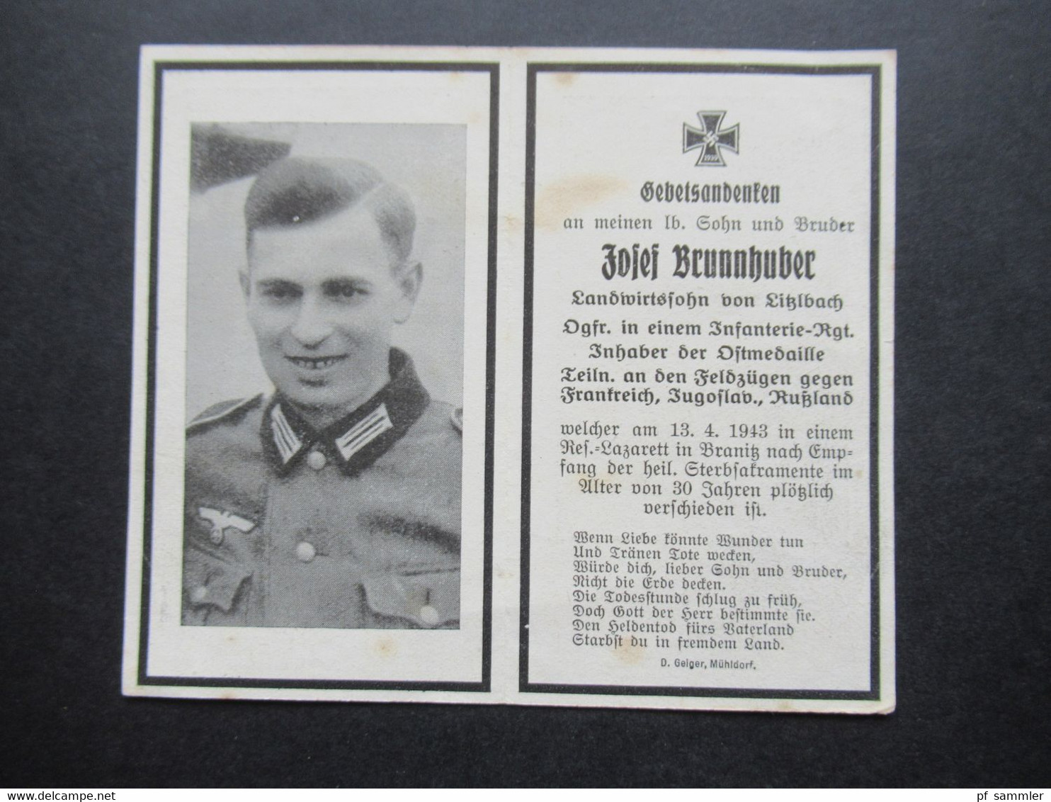 2. WK Sterbebild 1943 Gebetsandenken Obergfreiter Inhaber Der Ostmedaille Teil. Feldzüge Gegen Frankreich, Jugoslawien, - 1939-45