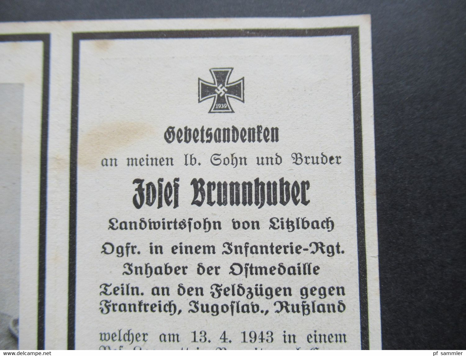 2. WK Sterbebild 1943 Gebetsandenken Obergfreiter Inhaber Der Ostmedaille Teil. Feldzüge Gegen Frankreich, Jugoslawien, - 1939-45