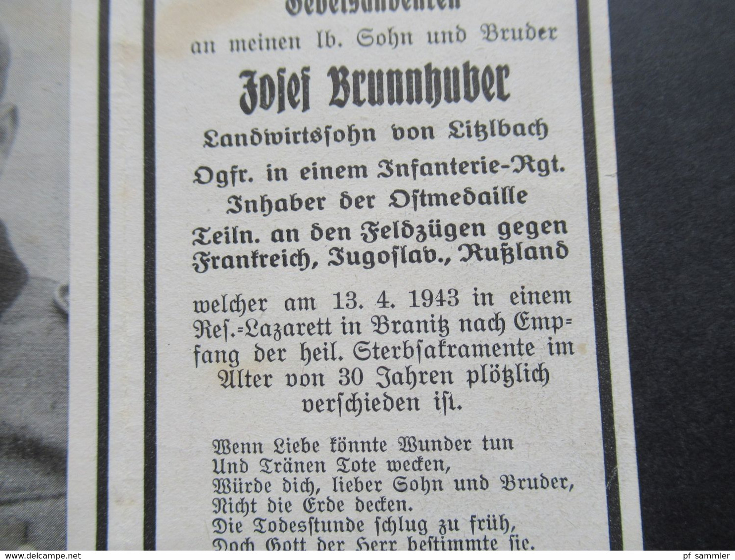 2. WK Sterbebild 1943 Gebetsandenken Obergfreiter Inhaber Der Ostmedaille Teil. Feldzüge Gegen Frankreich, Jugoslawien, - 1939-45