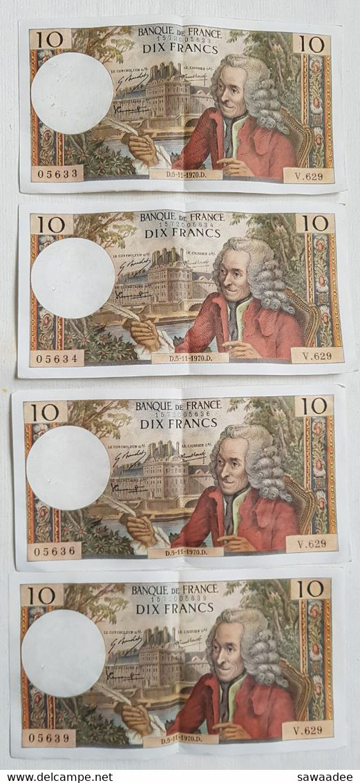 BILLET FRANCE - P. 147C - 10 FRANCS - VOLTAIRE - LOT DE 4 BILLETS - 05 NOVEMBRE 1970 - PLIURE - CRAQUANT - 10 F 1963-1973 ''Voltaire''