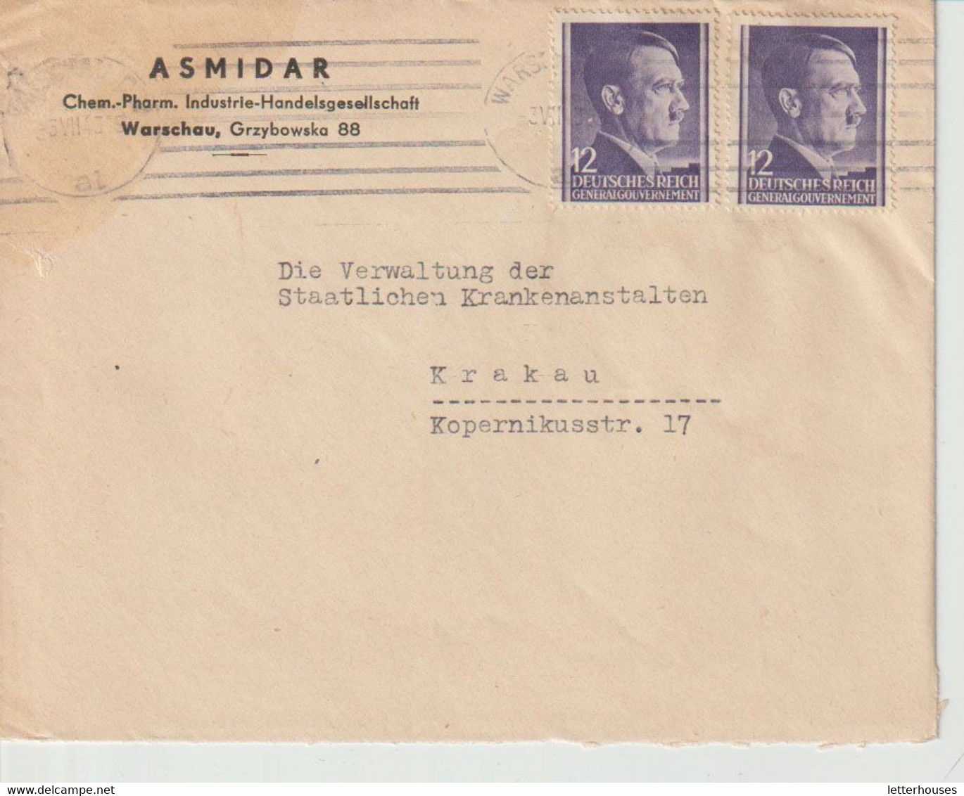 GENERALGOUVERNEMENT; Mi. 75 MeF, Warschau, 3. VII.43, Abs. ASMIDAR - Occupation 1938-45