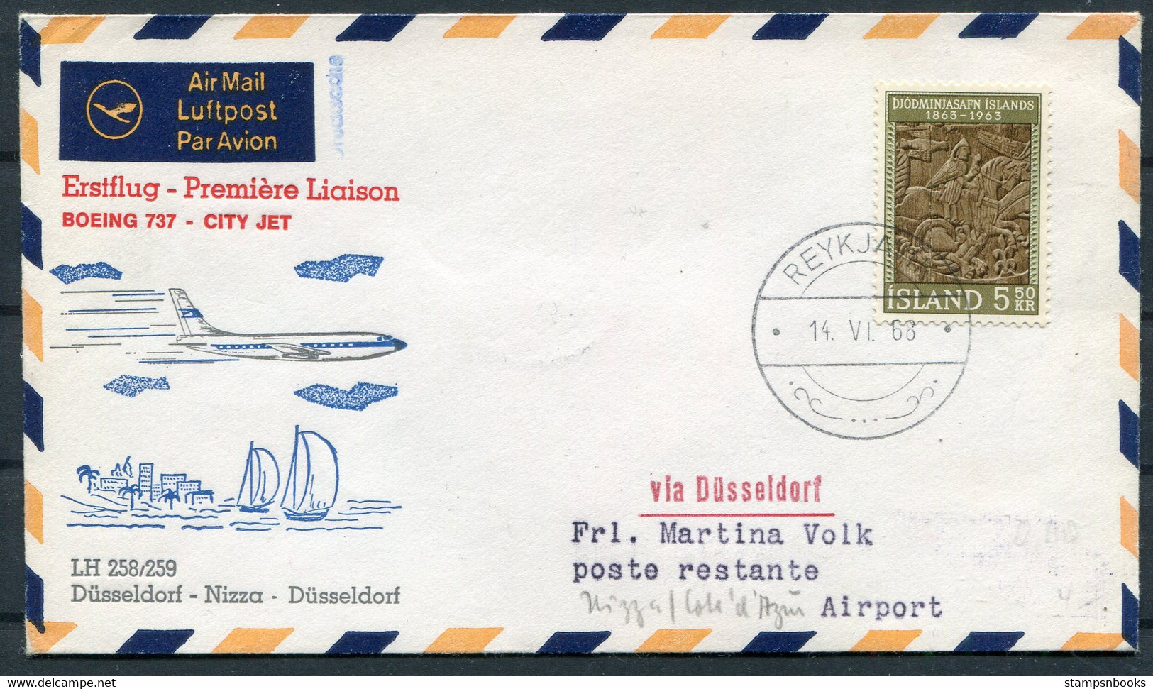 1968 Iceland First Flight Cover Reykjavik - Dusseldorf Lufthansa Boeing 737 - Poste Aérienne