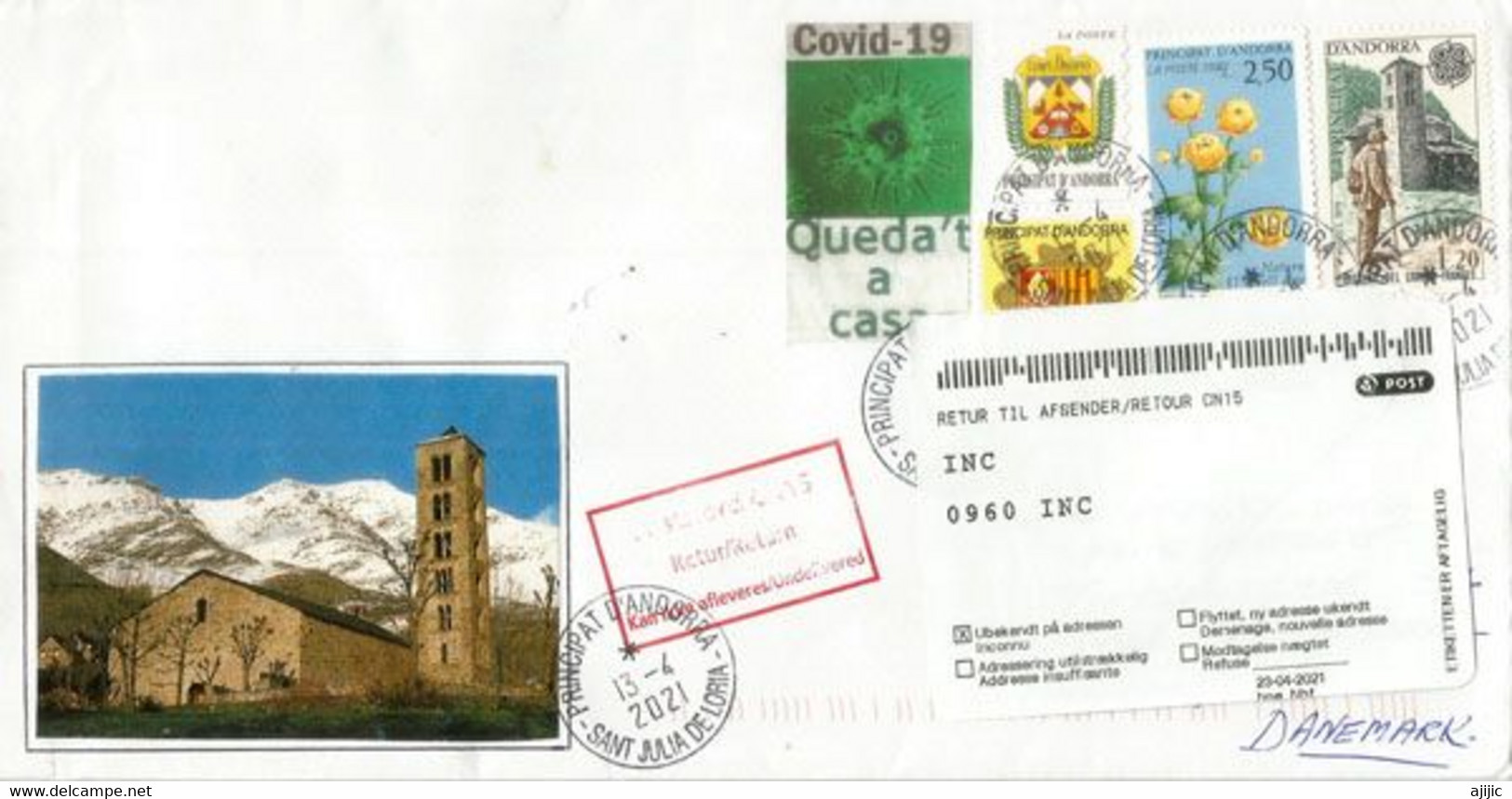 Lettre Andorre Envoyée Au Danemark Pendant L'épidémie Covid19,avec Vignette Prévention Locale, Return To Sender. - Briefe U. Dokumente