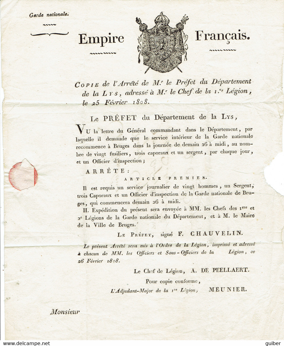 Empire Francais Garde Nationale 25 Fevrier 1808 Dépt. De La Lys Au Capitaine 9eme Comp.de La Garde Bruges Vignette Embl. - Documents