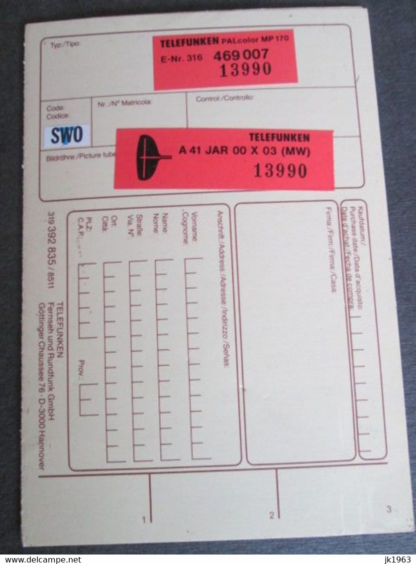 TELEFUNKEN, EQUIPMENT IDENTITY CARD, FOR TV - Television