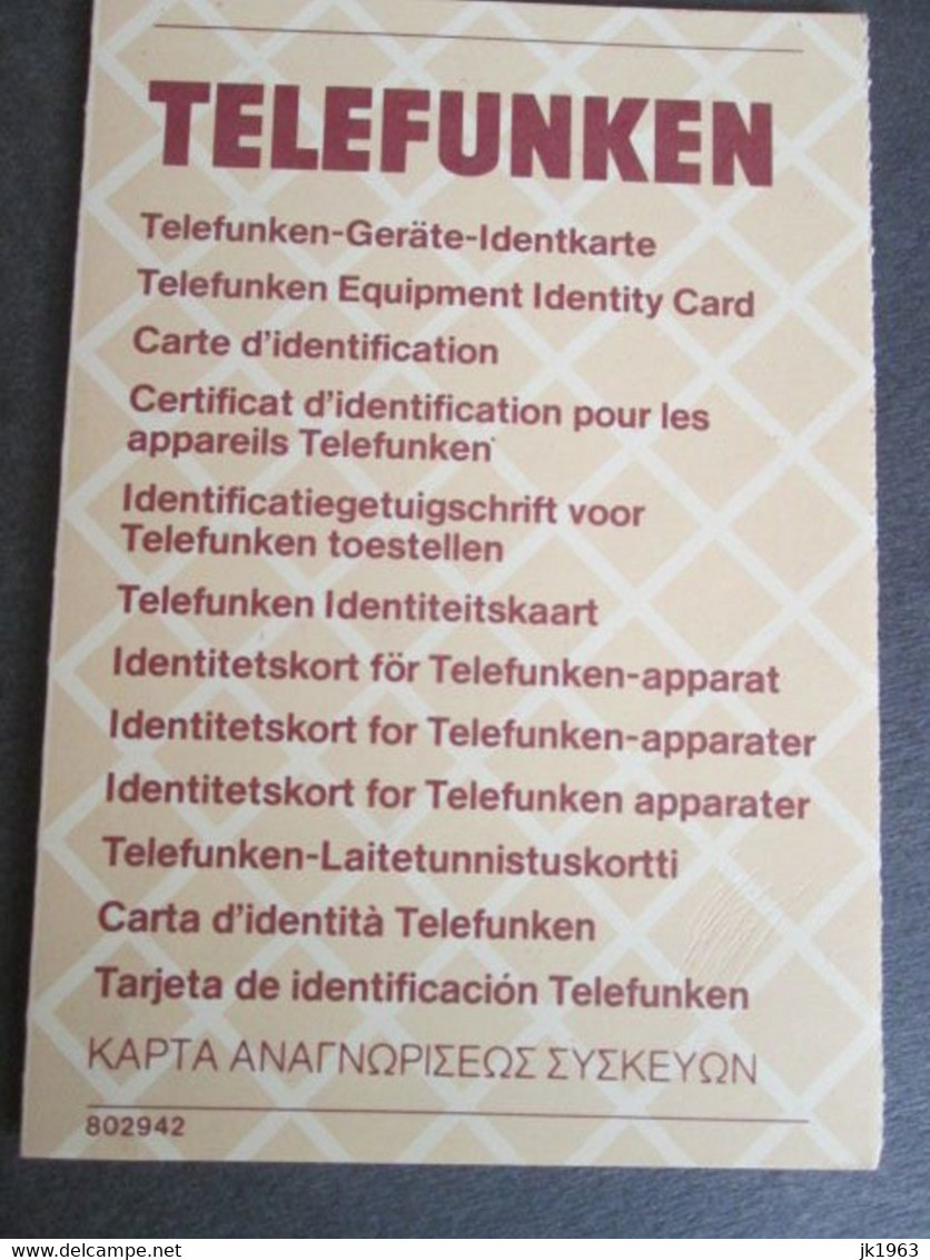 TELEFUNKEN, EQUIPMENT IDENTITY CARD, FOR TV - Televisión