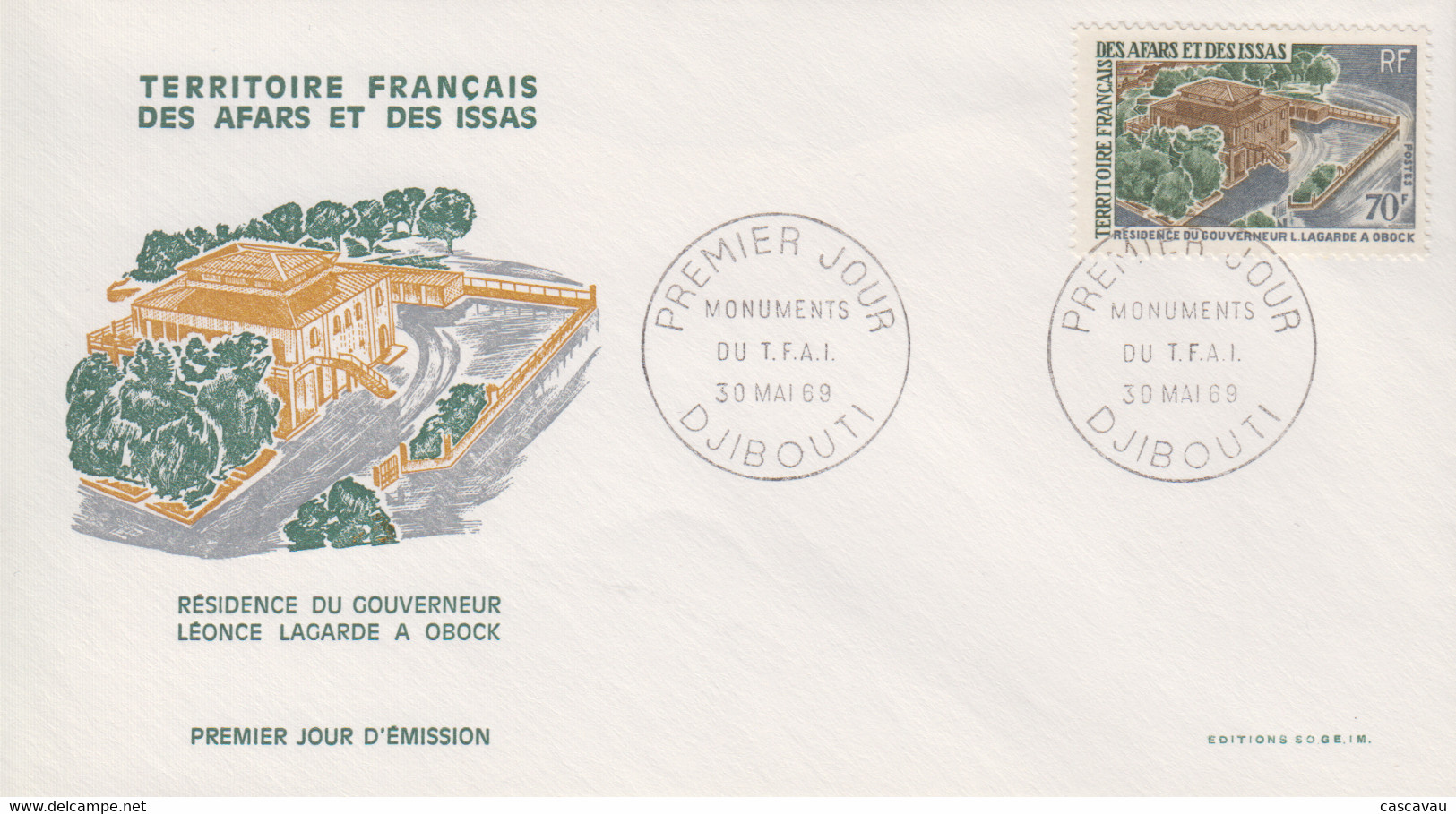 Enveloppe  FDC  1er  Jour  TERRITOIRE  FRANCAIS   Des   AFARS  Et  ISSAS   Résidence  Du  Gouverneur   1969 - Otros & Sin Clasificación