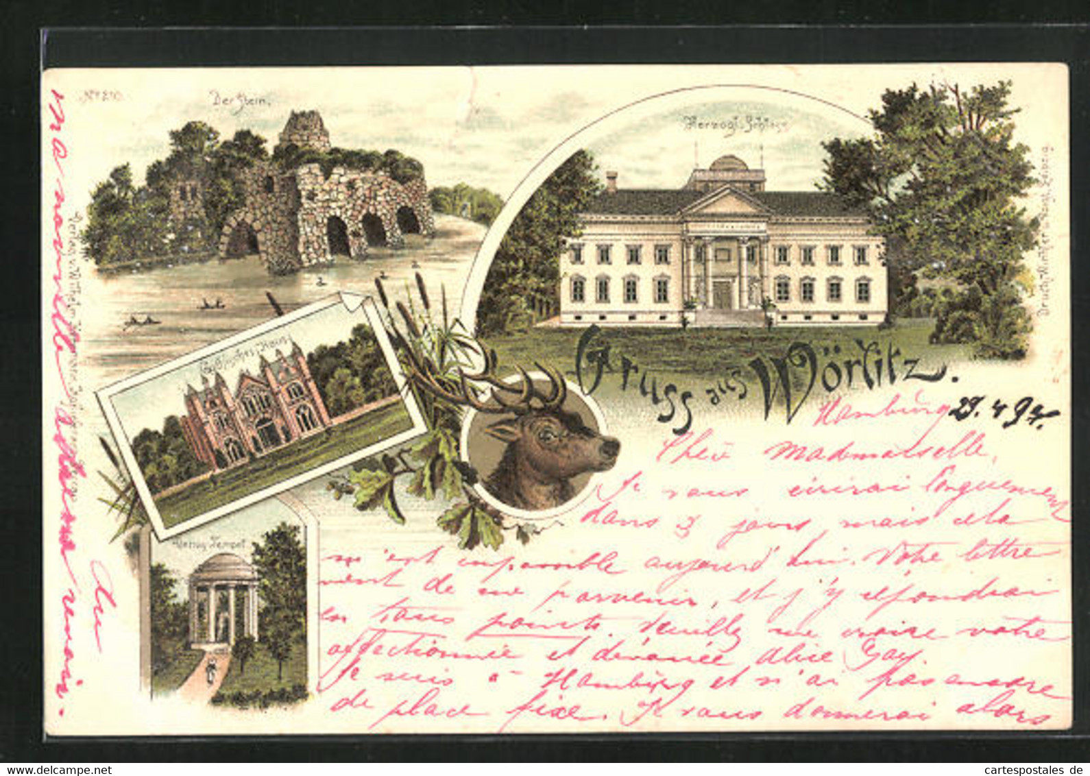 Lithographie Wörlitz, Venus-Tempel, Herzogl. Schloss, Gothisches Haus - Woerlitz