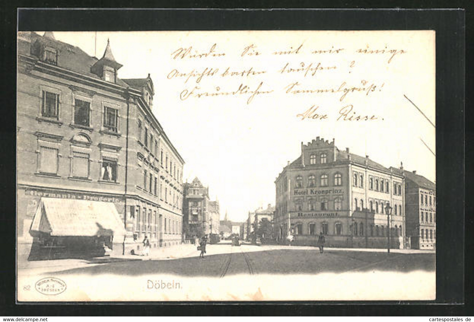 AK Döbeln, Strassenpartie Mit Hotel Kronprinz Und Germania-Drogerie - Doebeln