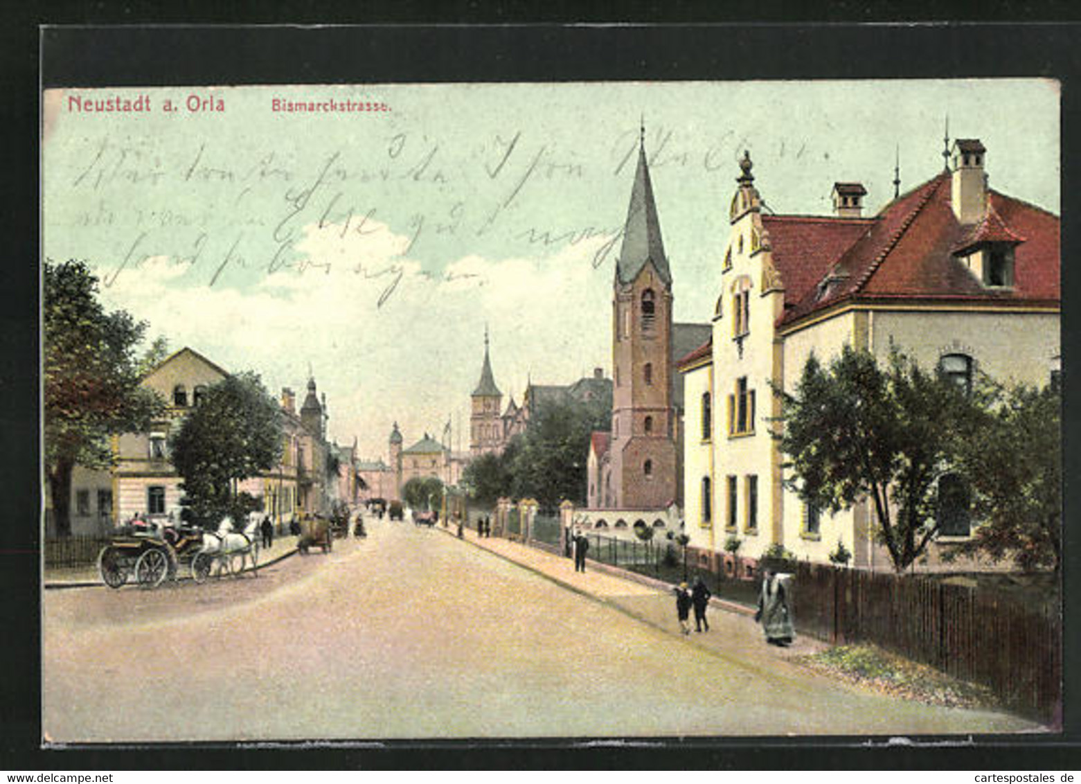 AK Neustadt A. Orla, Bismarckstrasse Mit Kirche Und Pferdewagen - Neustadt / Orla