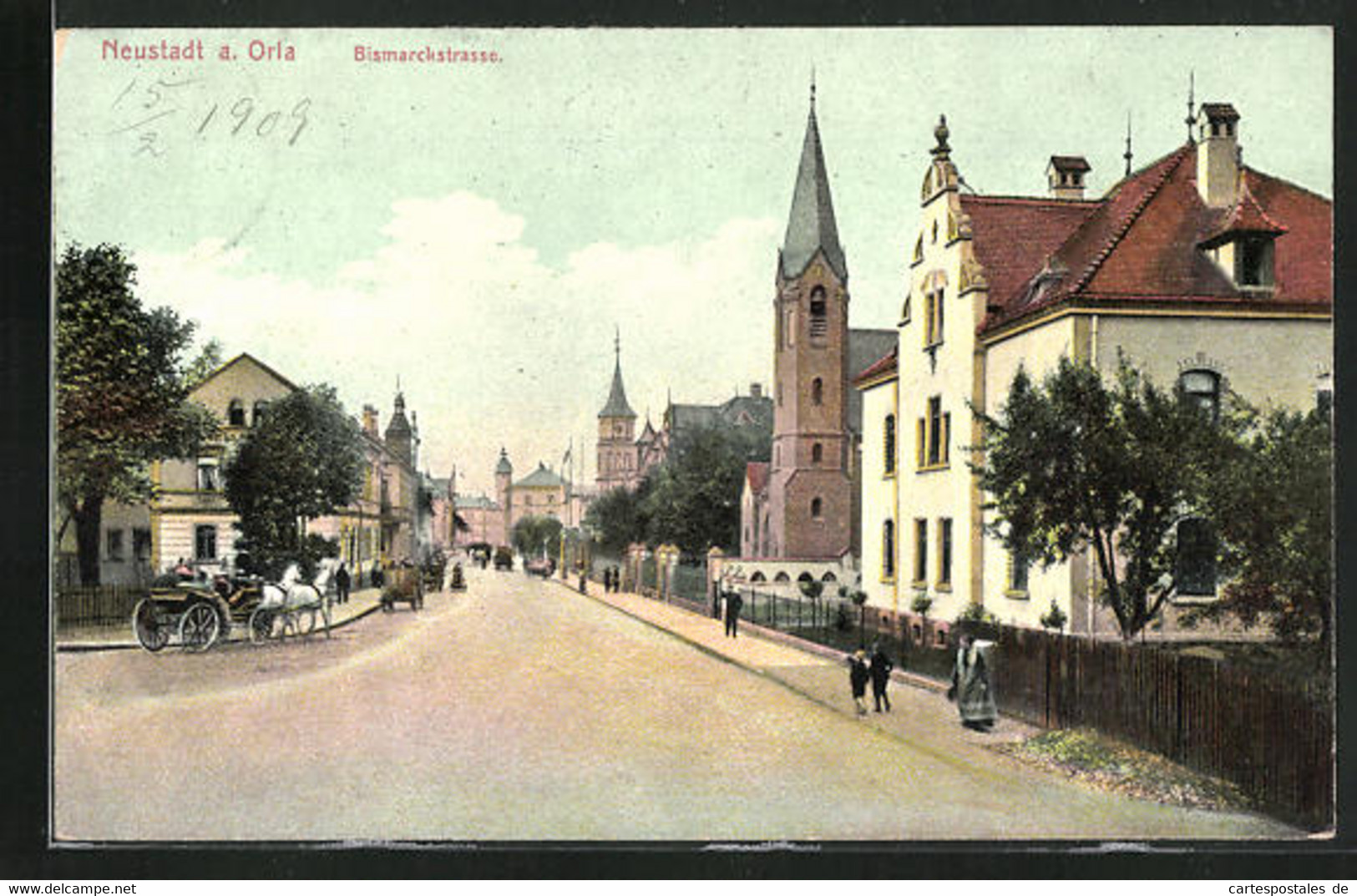 AK Neustadt A. Orla, Bismarckstrasse Mit Kirche Und Pferdewagen - Neustadt / Orla