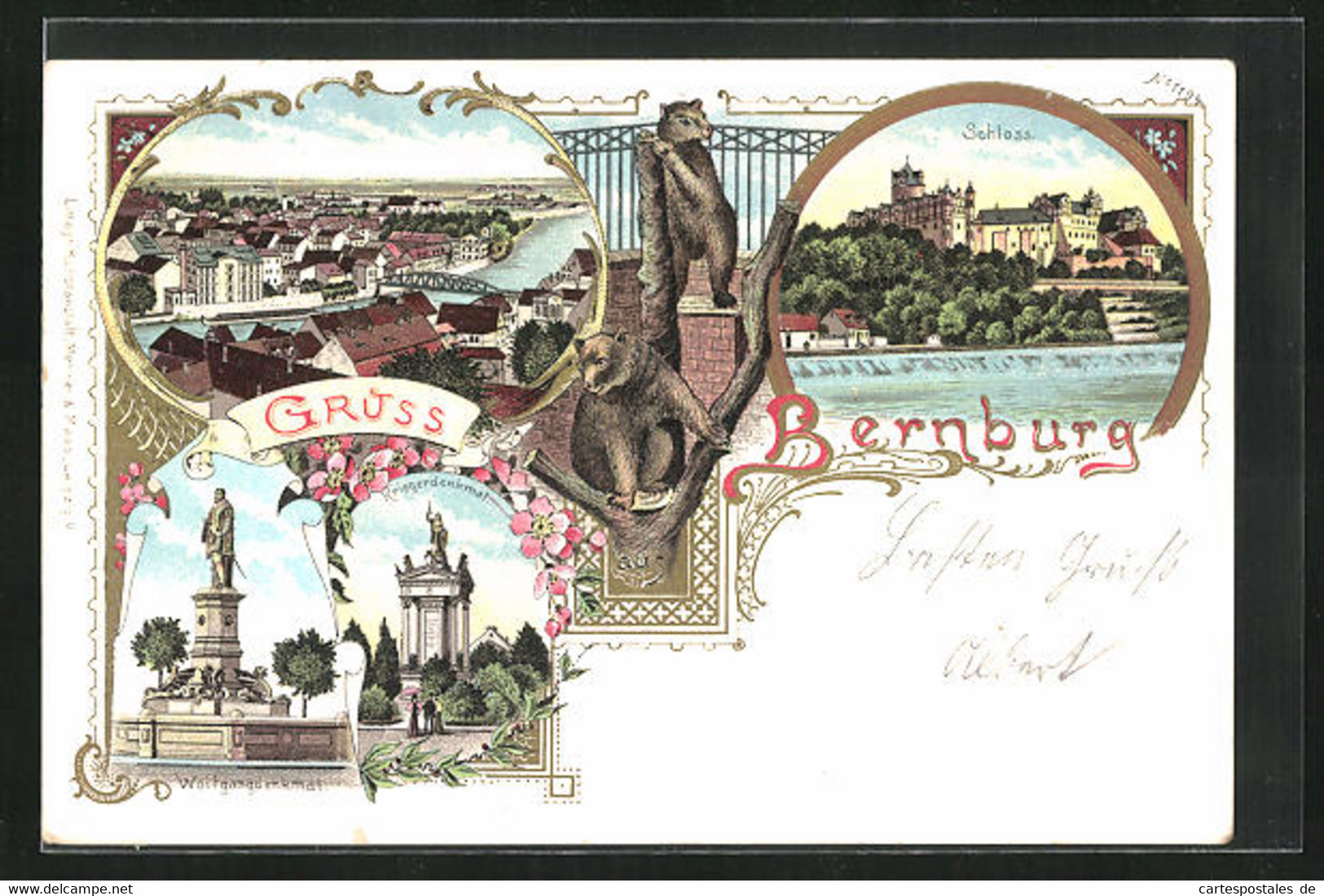 Lithographie Bernburg, Wolfgangdenkmal, Schloss, Flusspartie Mit Brücke - Bernburg (Saale)