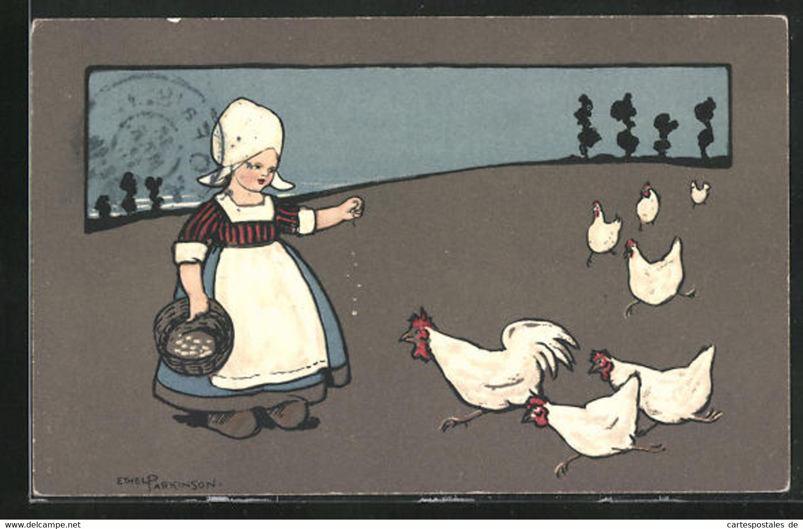 Künstler-AK Ethel Parkinson: Bauersmagd Füttert Die Hühner - Parkinson, Ethel