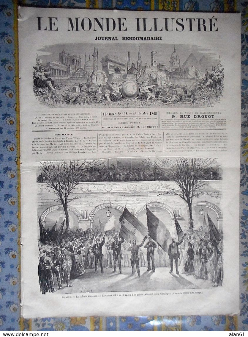 LE MONDE ILLUSTRE 24/10/1868 ESPAGNE BARCELONA MADRID CORTES PORTUGAL LISBONNE CUBA LA HAVANNE PARIS CHATS CHAMPFLEURY - 1850 - 1899