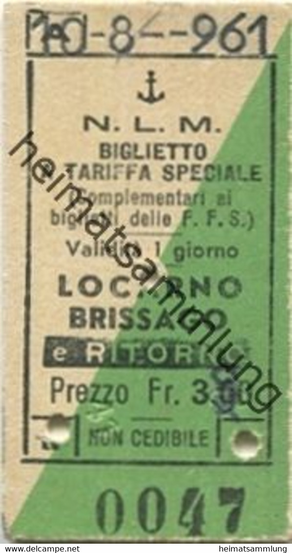 Schweiz - N.L.M. Locarno Brissago - Biglietto A Tariffa Speciale (Complementari Ai Biglietti Delle FFS) - Fahrkarte 1961 - Europe