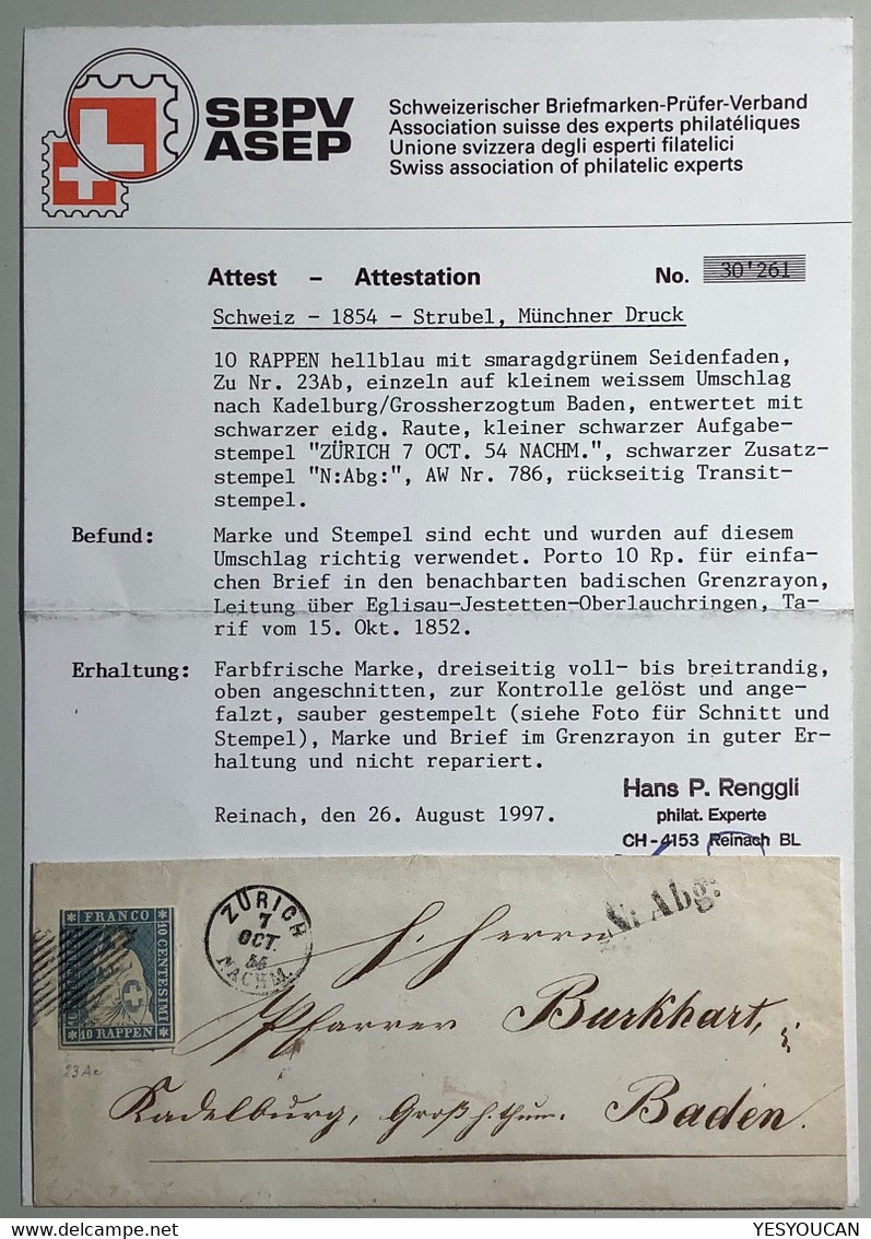 ZÜRICH 1855 Strubel Brief GRENZRAYON RARITÄT>Kadelburg Baden. Schweiz 1854 23Ab(lettre Suisse RL Cover Küssaberg - Briefe U. Dokumente