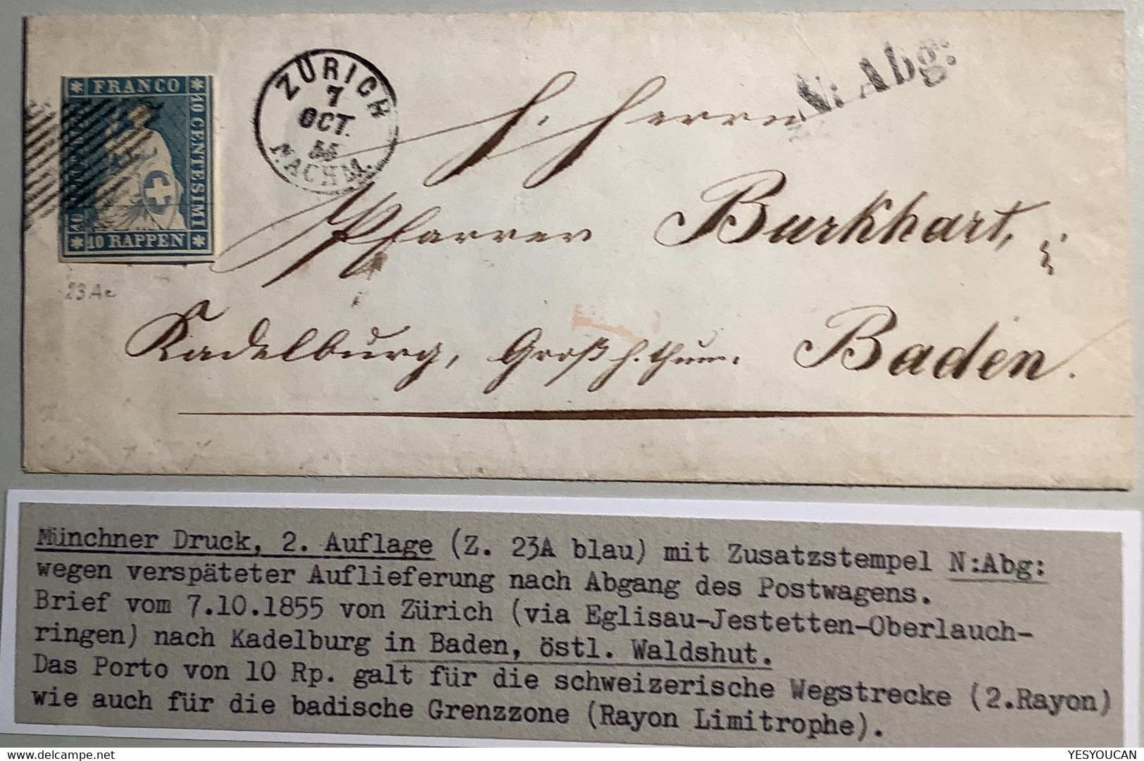 ZÜRICH 1855 Strubel Brief GRENZRAYON RARITÄT>Kadelburg Baden. Schweiz 1854 23Ab(lettre Suisse RL Cover Küssaberg - Briefe U. Dokumente