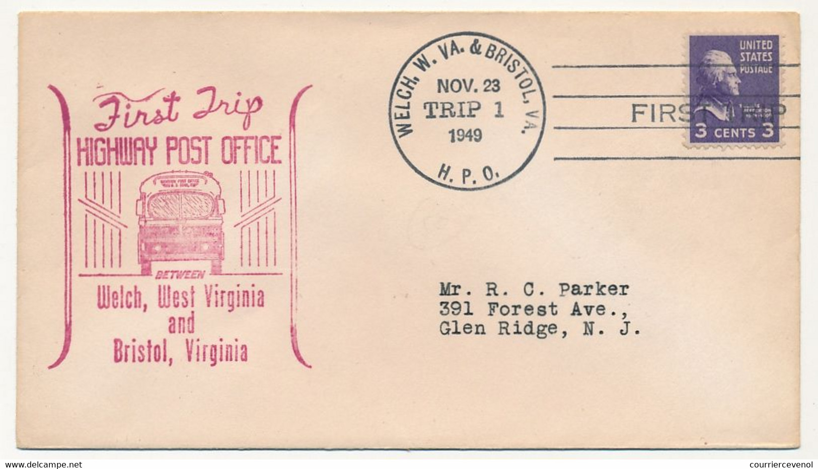 Etats Unis - First Trip Highway Post Office - Welch, West Virginia And Bristol, Virginia - 23 Nov 1949 - Cartas & Documentos