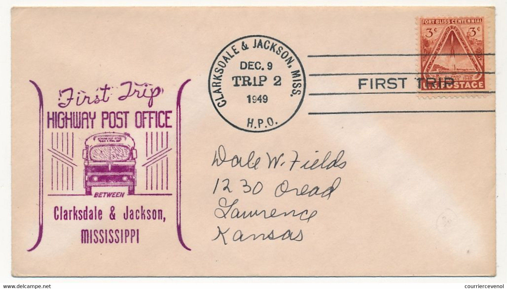 Etats Unis - First Trip Highway Post Office - Clarksdale & Jackson, Mississippi - 9 Dec 1949 - Briefe U. Dokumente