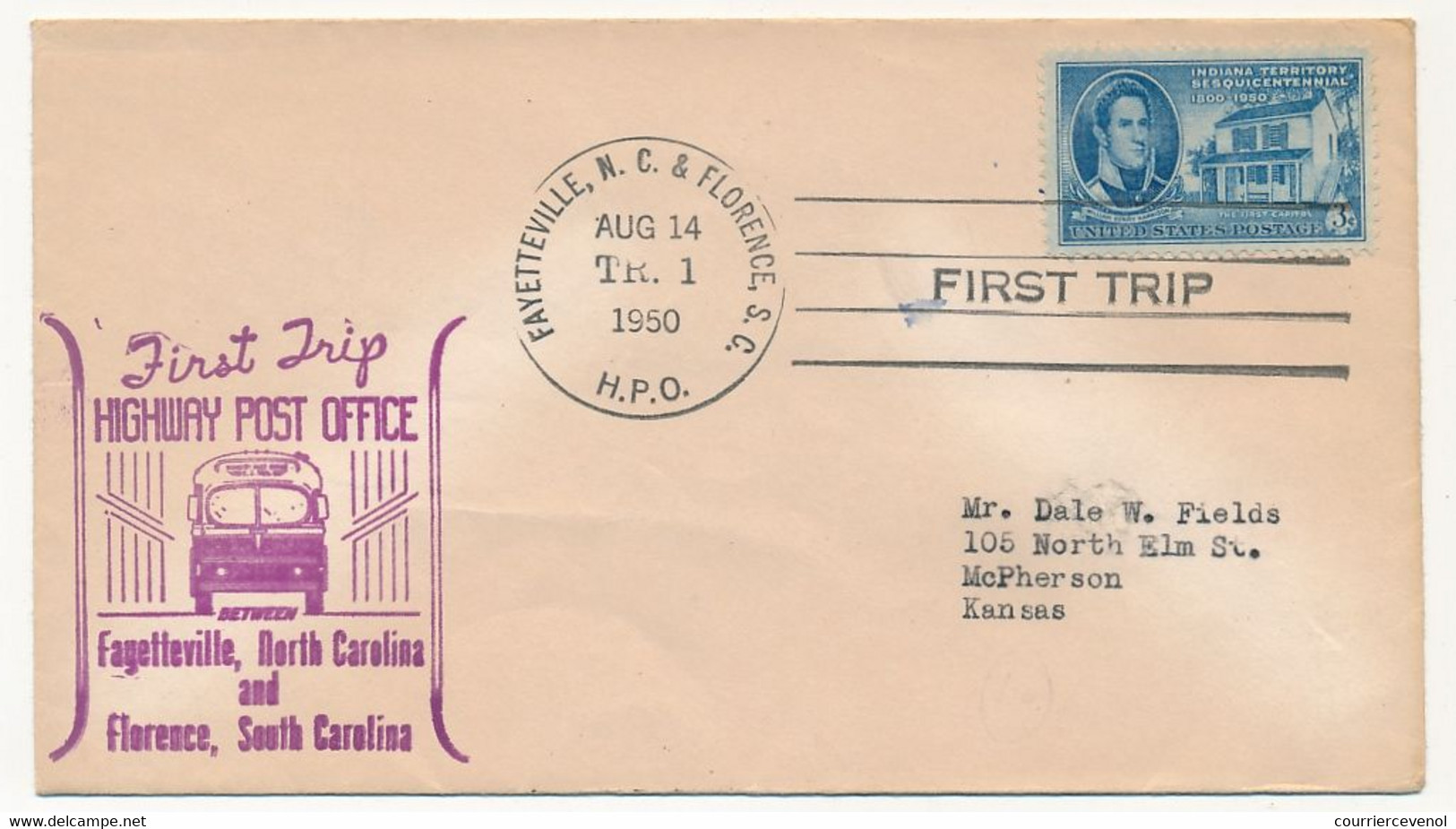 Etats Unis - First Trip Highway Post Office - FAYETTEVILLE, N.C. & FLORENCE, S.C. - 14 Aout 1950 - Lettres & Documents