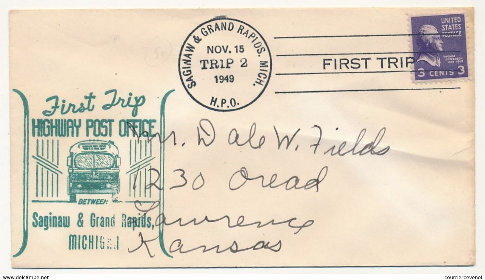 Etats Unis - First Trip Highway Post Office - SAGINAW & GRAND RAPIDS, MICHIGAN - 15 Nov 1949 - Storia Postale
