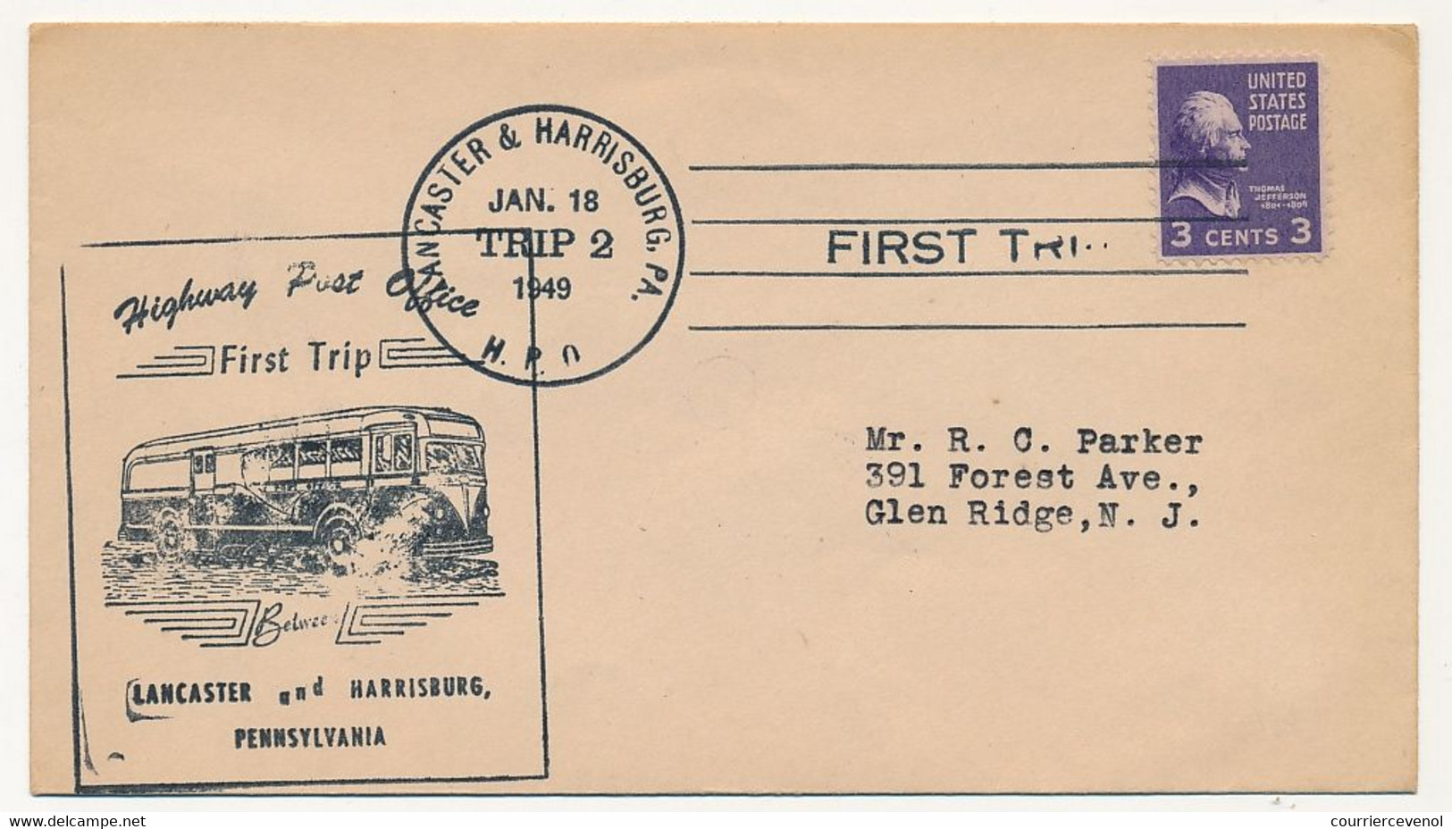 Etats Unis - First Trip Highway Post Office - LANCASTER And HARRISBURG, PENNSYLVANIA - 18 Janvier 1949 - Lettres & Documents