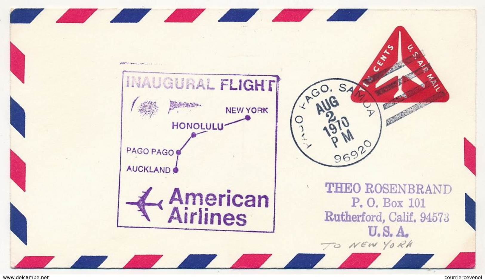 Etats Unis - Inaugural Flight New-York, Honolulu, Pago Pago, Auckland / American Airlines - Paga Pago Samoa 2 Aout 1970 - Lettres & Documents