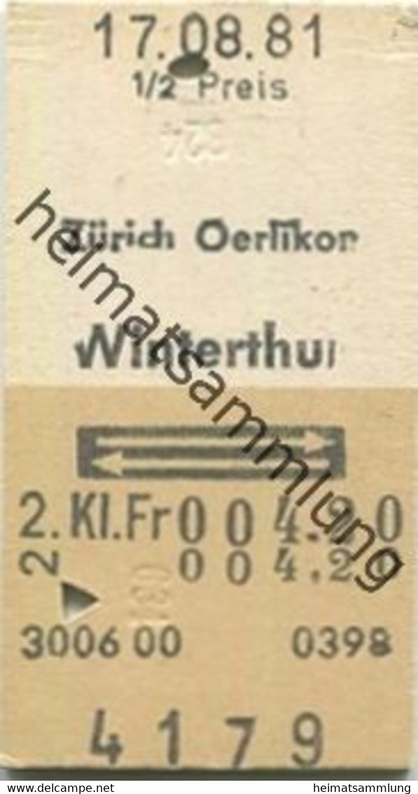 Schweiz - Zürich Oerlikon Winterthur Und Zurück - Fahrkarte 1/2 Preis 1981 - Europe