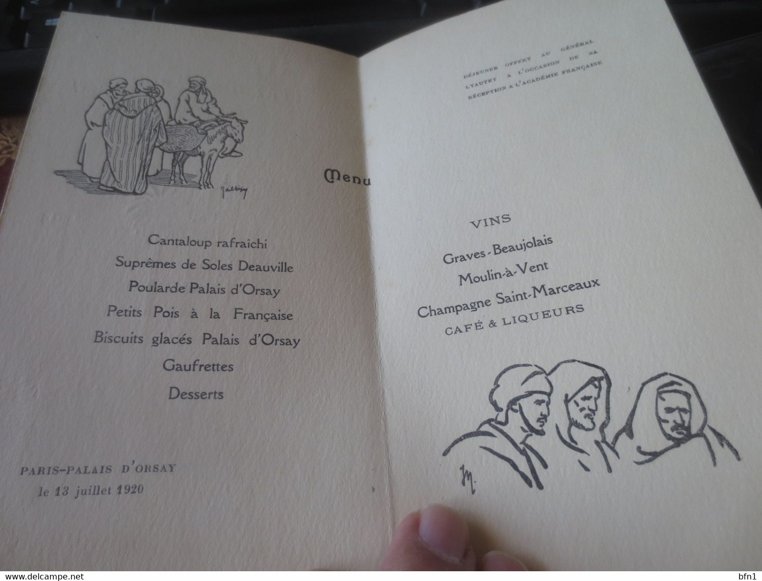 MENU FRANCE MAROC OFFERT AU GENERAL LYAUTEY  AU PALAIS D'ORSAY -1920 - Menus