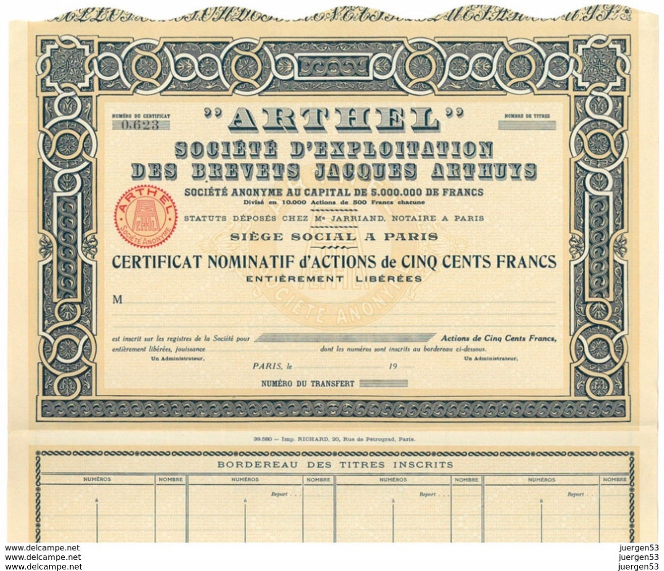 "ARTHEL" – Certificat Nominatif - Luchtvaart