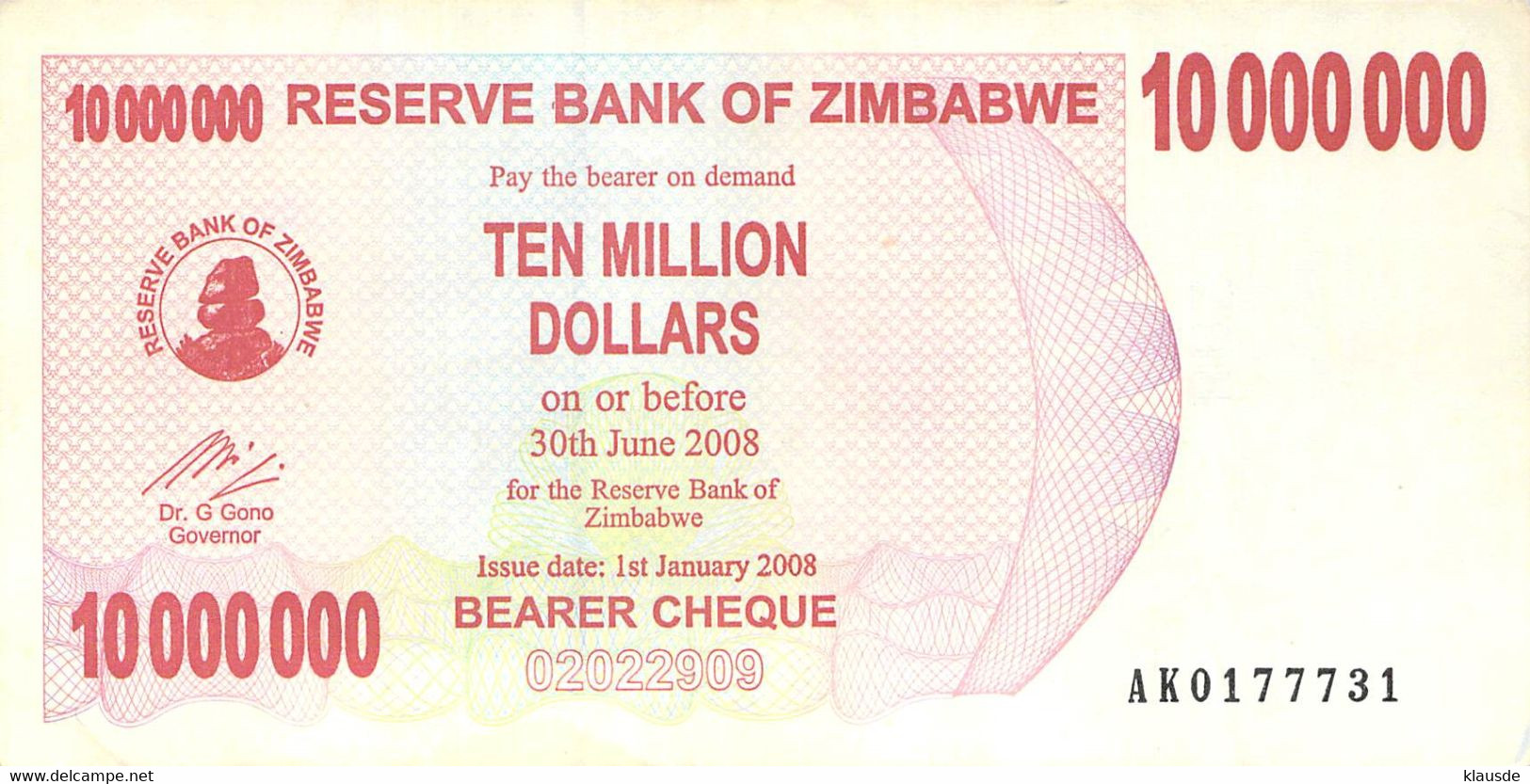 Zimbabwe 10 Million Dollars 2007 UNC - Zaïre