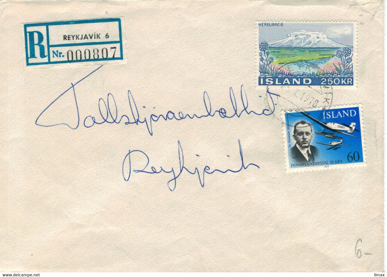 Reykjavik 1978 Reko - Herdubreid - Alexander Johannesson - Inlandsflug - Cartas & Documentos