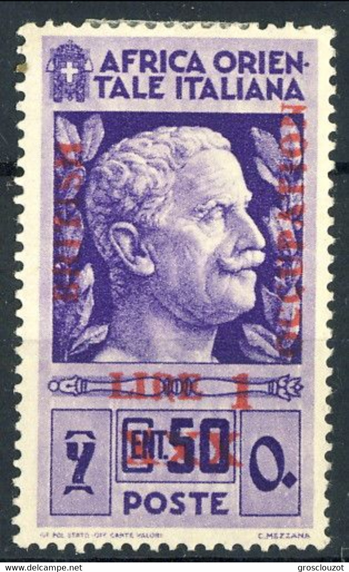 British Occupation AOI 1941 Sass. N. 6 - Lire 1 Su C. 50 Violetto. * MVLH Leggero Decalco Cat € 120 Firma A. Diena - Ungebraucht