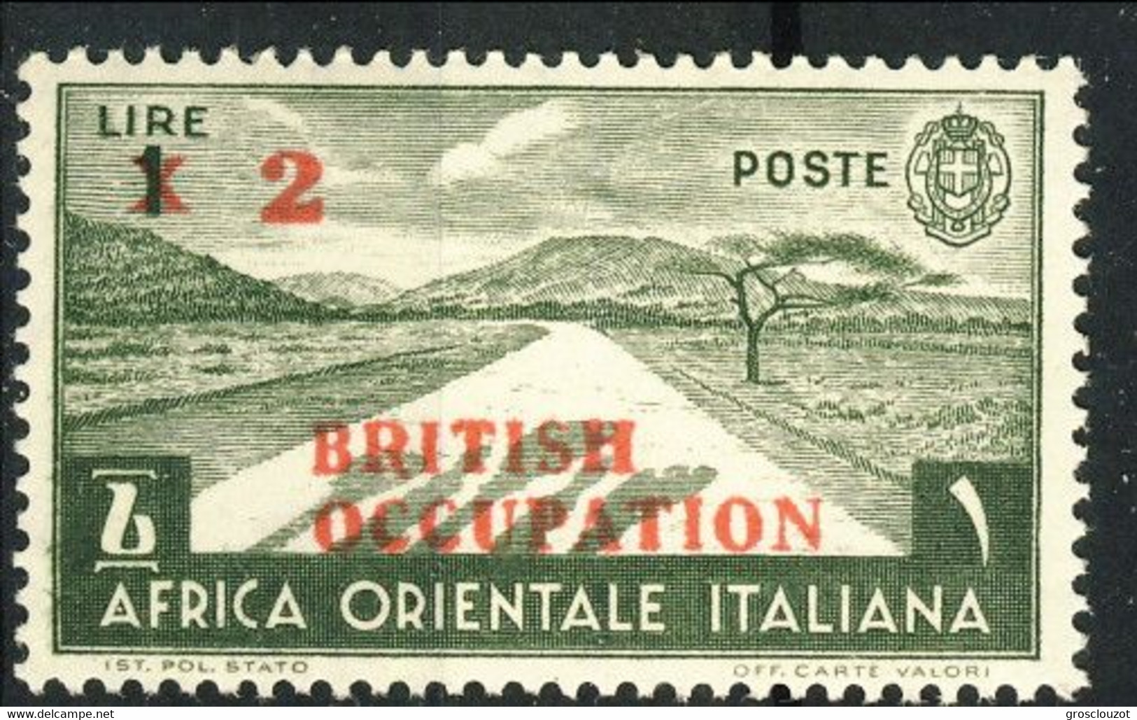 British Occupation AOI 1941 Sass. N. 7 -  Lire 2 Su 1 Verde Oliva. **MNH LUX Cat € 500 Firma A. Diena - Ungebraucht