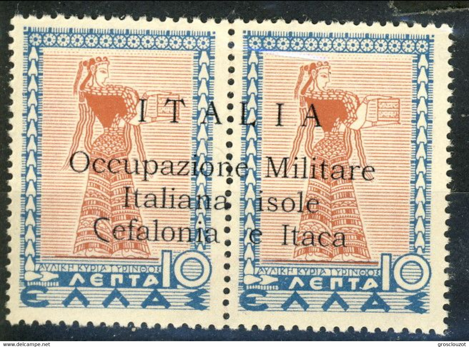 Occupazione Militare Italiana Cefalonia E Itaca 1941 Sass. N. 12 - L. 10 + 10 Azzurro E Bruno Rosso MNH Cat € 150 - Cefalonia & Itaca