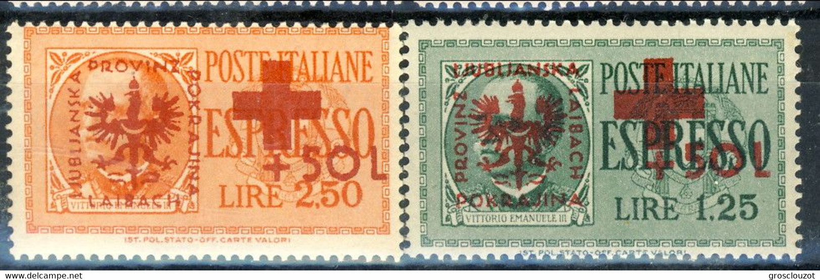 Occupazione Tedesca Lubiana 1944 Pro Croce Rossa - Sass. N. 34 - 35 ** MNH Cat. € 175 - Lubiana